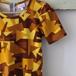LULAROE I Geometric Gold, Yellow, and Brown Geometric Pattern Amelia Dress, XS